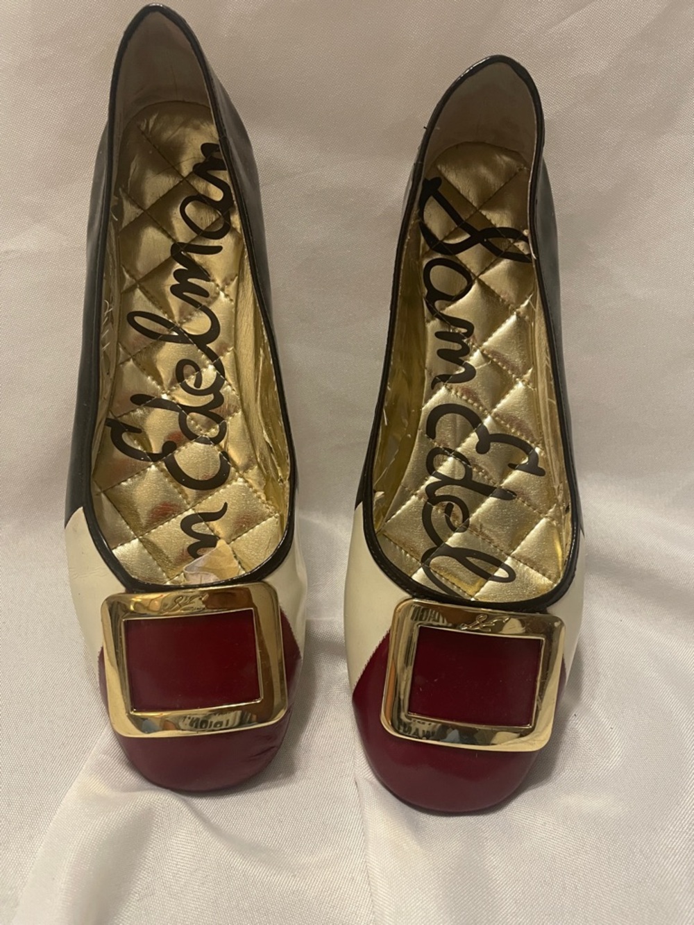 Sam Edelman Red and Cream Square-Toe Flats with Gold Buckle